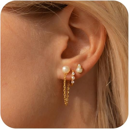 Pearl Earrings for Women,Dainty Gold Pearl Earrings 14K Gold Plated Stud Earrings Hypoallergenic ... | Amazon (US)
