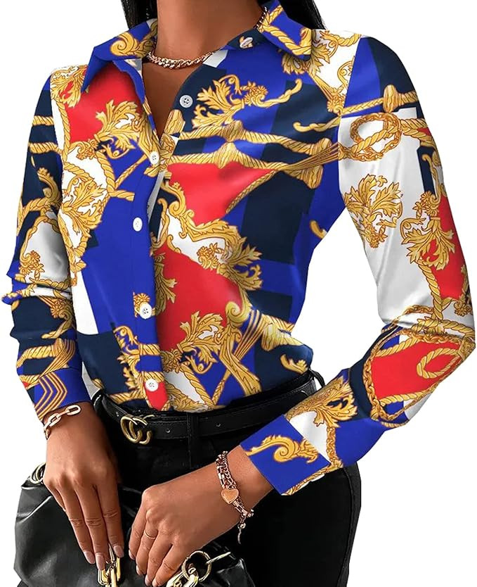 Buchona Outfits for Women Collar Blouses Button Down Shirts Colorful Long Sleeve Floral Print Top... | Amazon (US)