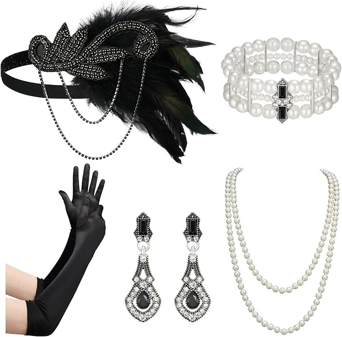 SWEETV 1920s Flapper Accessories for Women, Roaring 20s Headpiece Art Deco Jewelry Great Gatsby A... | Amazon (US)