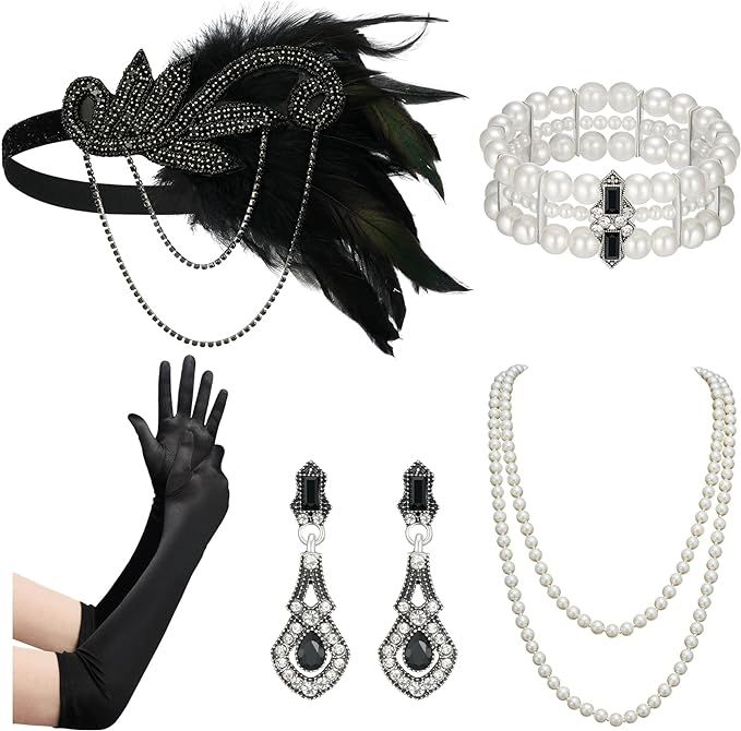 SWEETV 1920s Flapper Accessories for Women, Roaring 20s Headpiece Art Deco Jewelry Great Gatsby A... | Amazon (US)