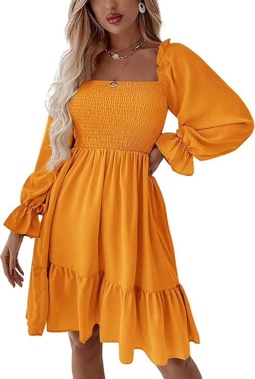 LYANER Women's Square Neck Lantern Long Sleeve Ruffle Shirred Flowy Party Mini Dress | Amazon (US)