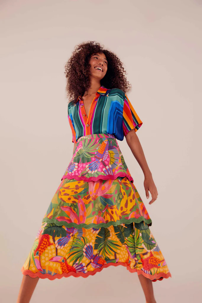 MIXED PRINTS LAYERED MIDI SKIRT | FarmRio (US)