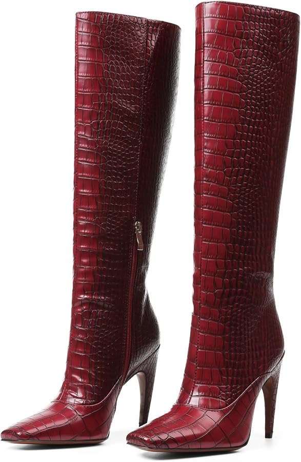femflame Knee High Boots for Women Wide Calf Long Boots Suede Square Toe Pull On Stiletto Heel Ta... | Amazon (US)