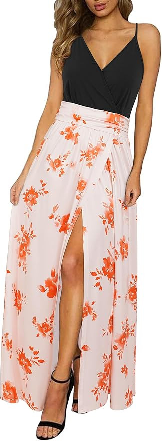 Newshows Women Summer 2025 Maxi Dress Vacation Floral Spaghetti Strap Spring Casual Boho Split Be... | Amazon (US)