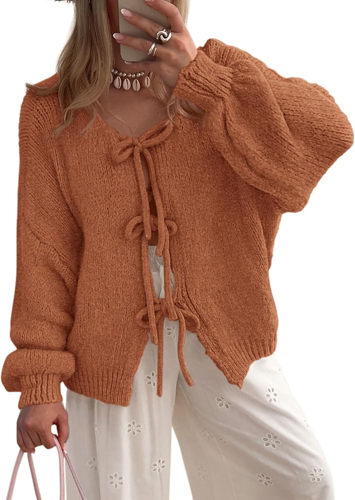 PRETTYGARDEN Women's Tie Front Bow Cardigan Sweaters Chunky Knit Long Puff Sleeve Trendy Fall Win... | Amazon (US)