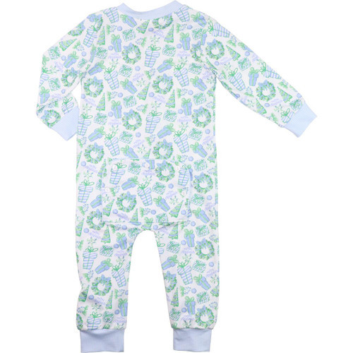 Blue And Green Holiday Print Knit Zipper Pajamas | Cecil and Lou