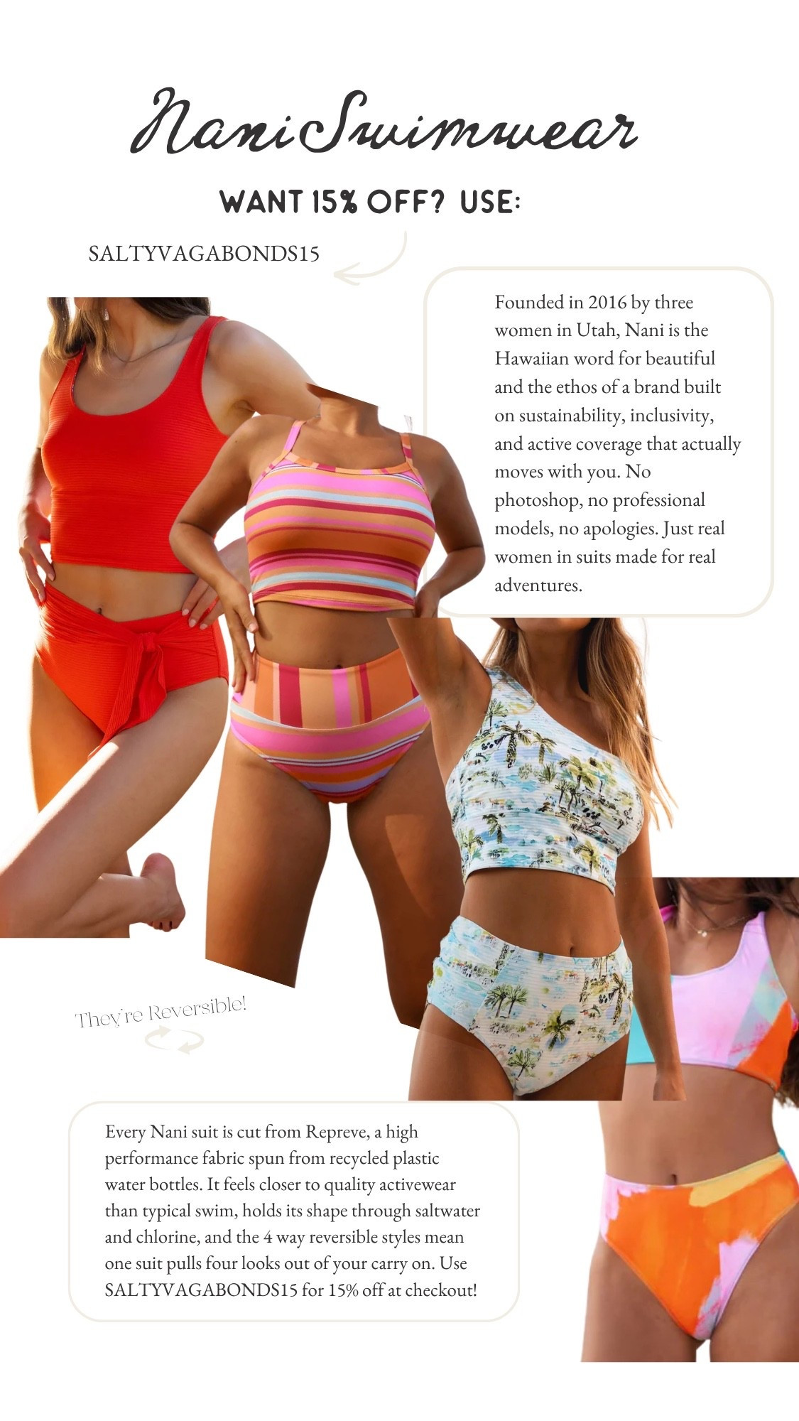 Real talk for my mid size girls, bikinis from Nani actually fit me better than one pieces and that almost never happens. The cuts hold you in where you need it, and because the whole line is built in coordinating color palettes, you can pack one bikini set and walk away with three looks, or grab a solid plus a pattern in the same palette and double your outfits without doubling your carry on.

Nani Swimwear Influencer Promo Code: SALTYVAGABONDS15 for 15% off

Why this collection earns the suitcase space:
🌺 Reversible bikinis turn one set into multiple looks
🎨 Solids and patterns built in the same palettes so everything mixes
♻️ Repreve fabric spun from recycled plastic, holds shape in salt and chlorine
👙 Cuts that actually flatter mid size shapes
🌴 Founded by three women in Utah, named after the Hawaiian word for beautiful

Save this for your next beach trip and use code SALTYVAGABONDS15 for 15% off at checkout. Linked a few pieces here in LTK so you can shop the whole mix.

reversible swimwear | mid size bikini | mix and match swimsuits | sustainable swim | high waisted bikini | flattering swim mid size | beach vacation outfits

#NaniSwimwear #MidSizeStyle #ReversibleSwim #BeachVacation #FamilyTravel

#LTKSwim #LTKTravel #LTKMidsize