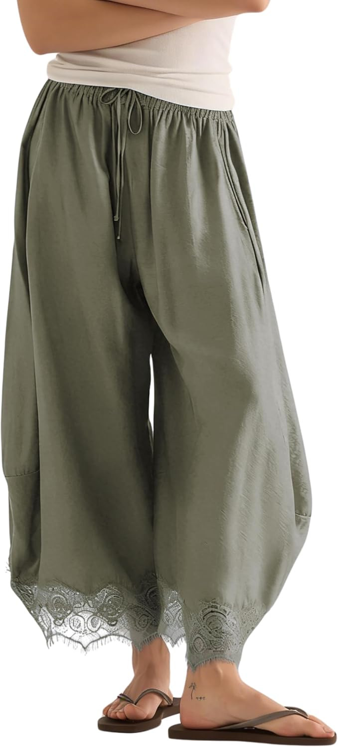 Women's Cropped Lace Hem Pants High Waist Drawstring Wide Leg Pants | Amazon (US)