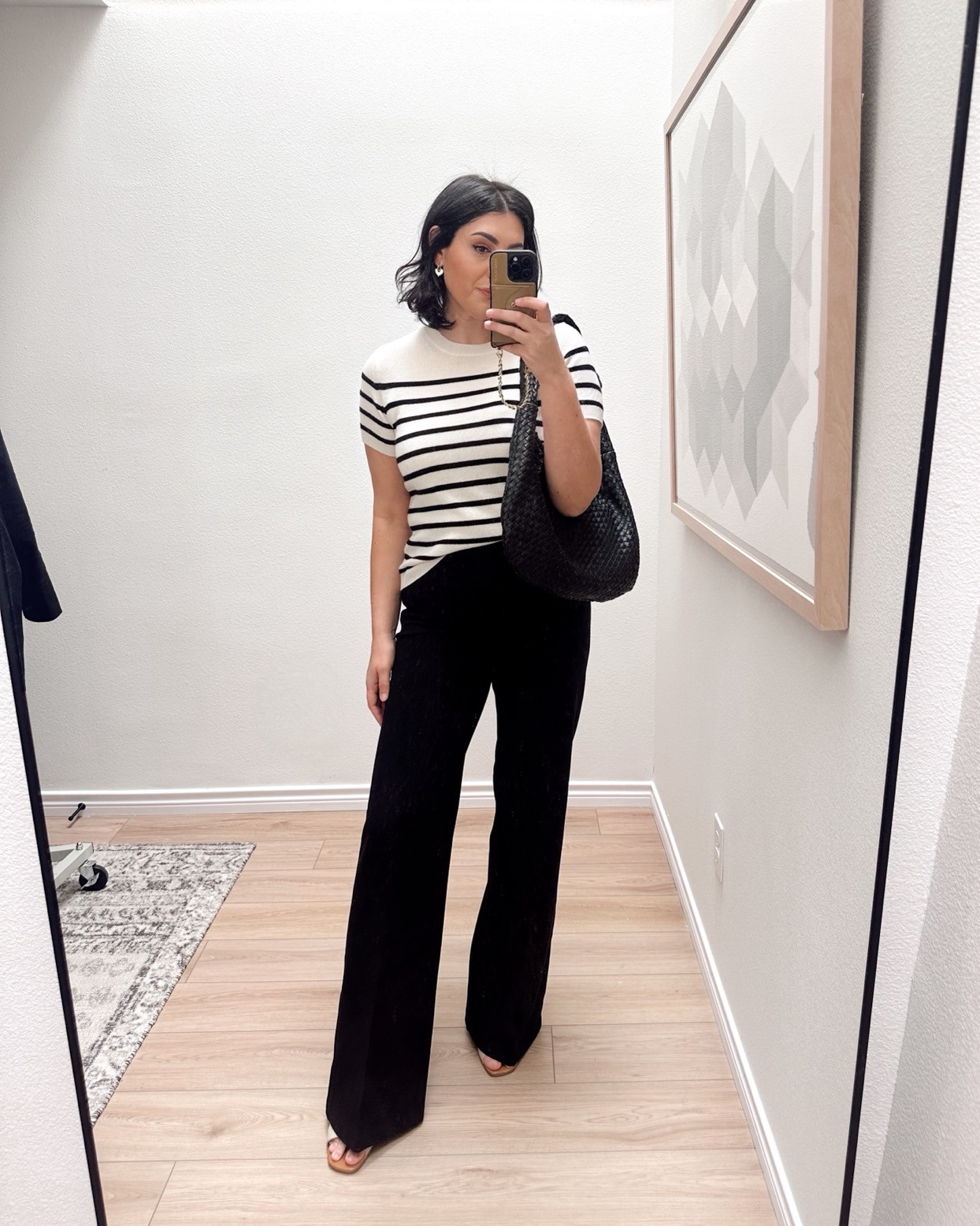 Love these wide leg high waist pants form Spanx! I'm in the medium TALL but if you aren't over 5'9" don't get the longer length! I got them to wear with heels, specifically. They're on sale through this weekend too! 

I'm in the large of the sweater, fitted.  Perfect weight dor spring. 

@Spanx 
 @Quince 