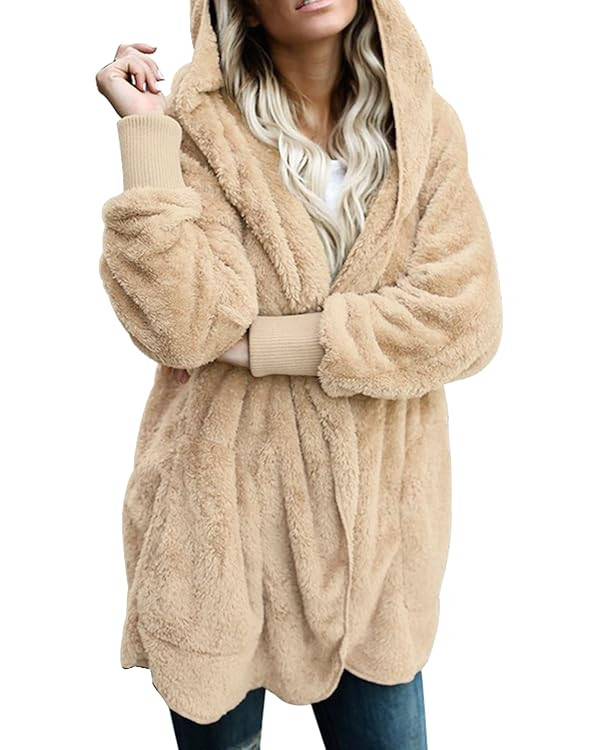 Dokotoo Womens 2023 Winter Long Sleeve Solid Fuzzy Fleece Open Front Hooded Cardigans Jacket Coat... | Amazon (US)