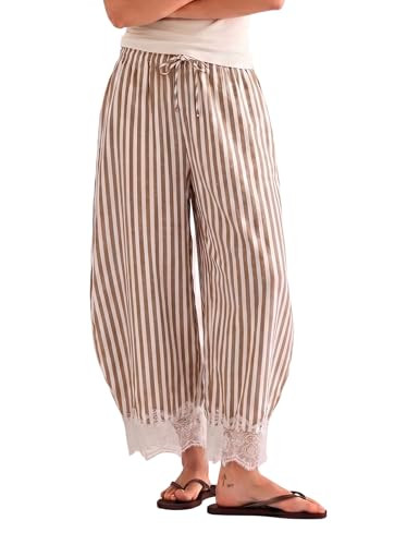 MINSURE Women's Striped Lace-Hem Capri Pants Casual Summer Wide Leg Cropped Palazzo Trousers with... | Amazon (US)