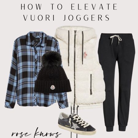 How to style joggers! This is just a teaser, subscribe to rosehayes.com for 10 ways to elevate your vuori joggers pants! Perfect travel outfit 
Moncler vest 
Designer sneakers 
Rails flannel 

#LTKstyletip #LTKunder100 #LTKtravel