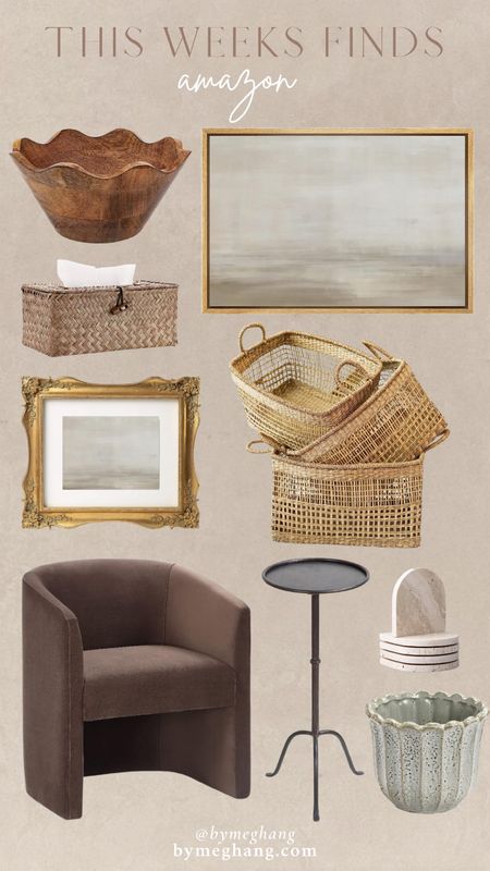 This weeks amazon home finds! Scalloped wooden bowl, pretty neutral canvas art that’s actually affordable, woven tissue box cover, gorgeous gold frame, woven basket set, brown velvet barrel chair, martini table, marble coasters 

#LTKhome #LTKFind