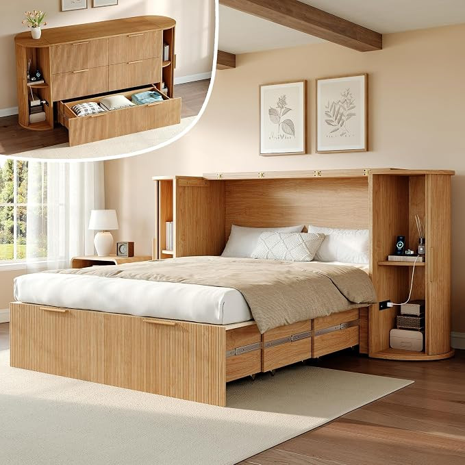 Natural Oak Cabinet Bed, Modern Cabinet, Bedside Shelves, Curved Fluted Design, Charging Station,... | Amazon (US)