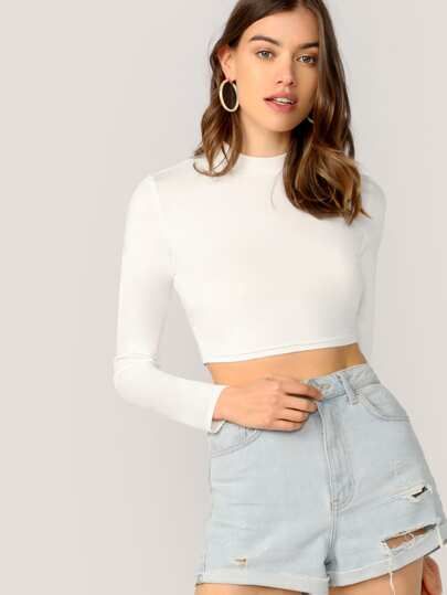 SHEIN Mock Neck Solid Crop Top | SHEIN