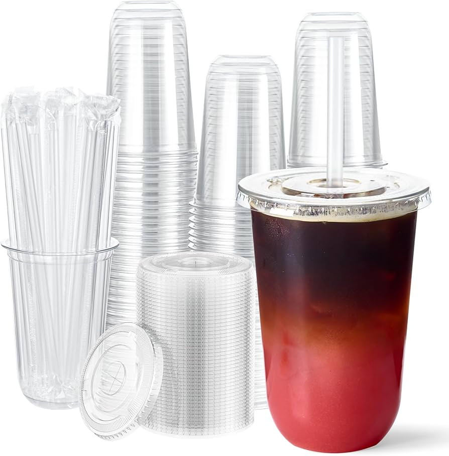 Vplus 100 Sets 16 oz Plastic Cups with Lids and Straws, Disposable Plastic Iced Coffee Cups with ... | Amazon (US)