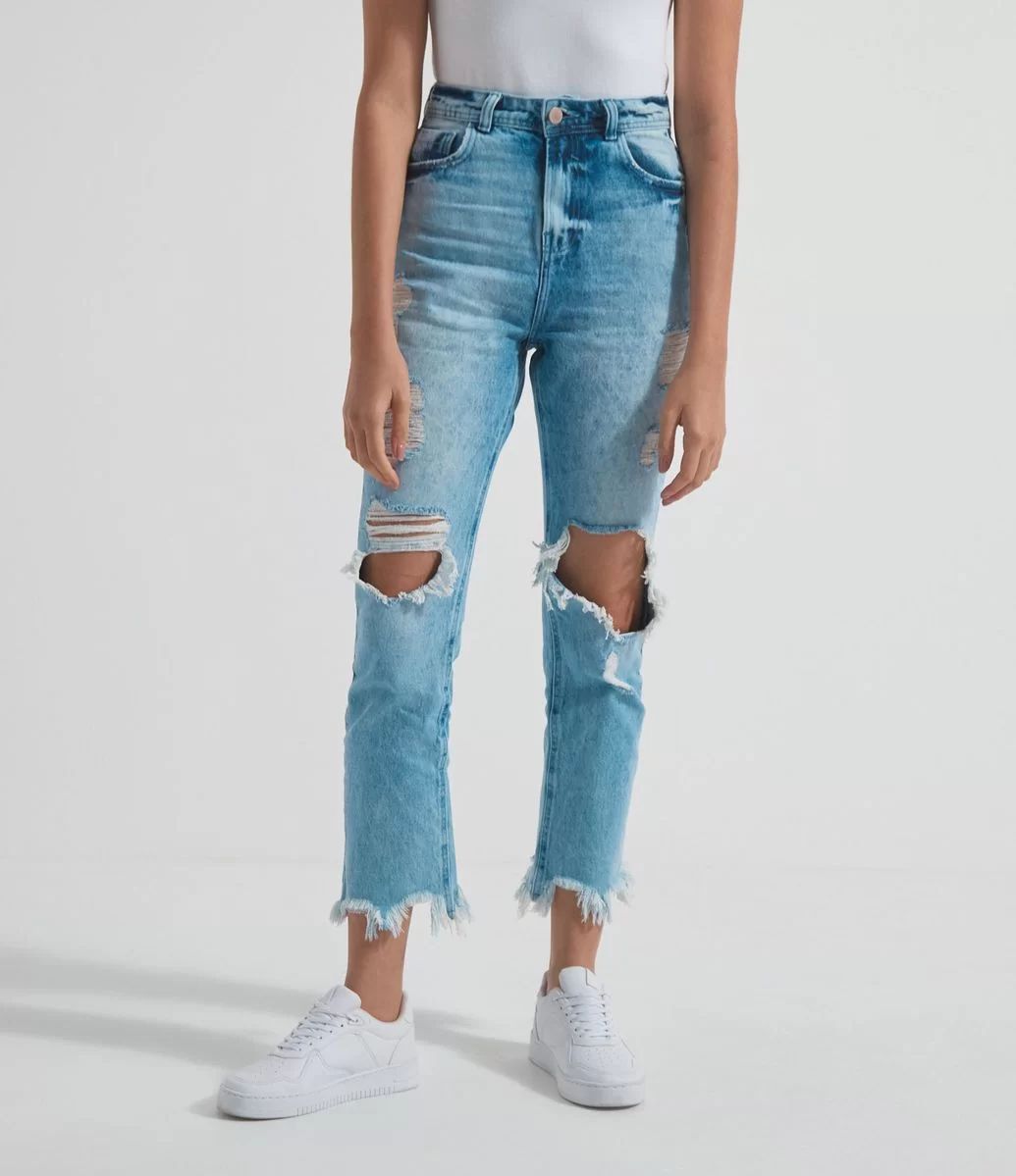 Calça Reta Jeans Lisa com Rasgos e Barra Desfiada Azul - Lojas Renner | Lojas Renner BR