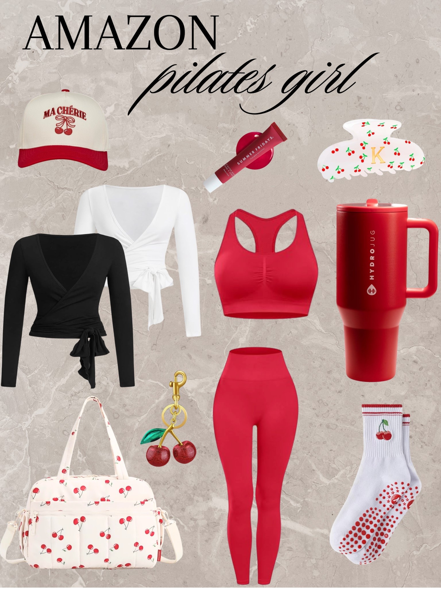 Amazon Pilates Girl Essentials 🍒 | Cherry Red Workout Set & Cute Gym Accessories

Obsessed with this Amazon Pilates girl aesthetic 🍒✨ The cutest cherry-themed workout look featuring a red matching sports bra and leggings set, wrap tie long sleeve tops, cherry duffle bag, HydroJug tumbler, grip socks, claw clip, lip gloss, and the sweetest cherry accessories. Perfect for Pilates class, hot girl walks, gym days, or running errands in style.

Everything is affordable and gives that clean girl meets cherry coquette vibe. ❤️

Save this for your next Amazon activewear haul!

@amazonfindsandfashion 


#LTKfitnessgoals #LTKActive #LTKValentine