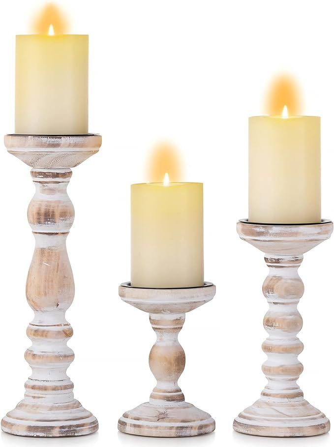 Candle Holder for Pillar Candles: Romadedi Set of 3 Decorative Wood Candlestick Holders, Rustic W... | Amazon (UK)
