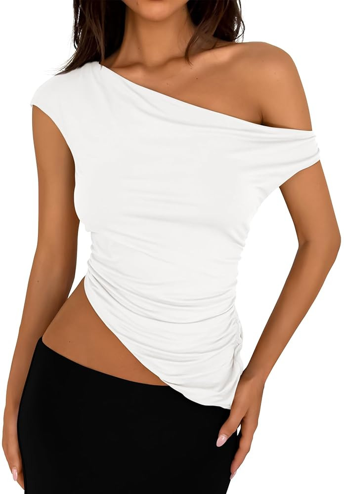 PRETTYGARDEN Womens 2025 Summer Off The Shoulder Crop Tops Sleeveless One Shoulder Ruched Asymmet... | Amazon (US)