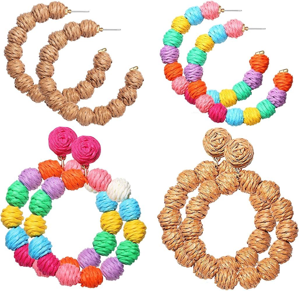 4 Pairs Raffia Earrings Boho Rattan Hoop Dangle Earrings for Women Handmade Straw Wicker Woven Ea... | Amazon (US)
