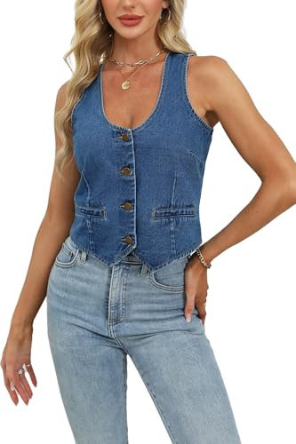 Womens Denim Vest Sleeveless Cropped V neck Jean Vest Casual Y2K Button Down Suit Waistcoat Tops | Amazon (US)
