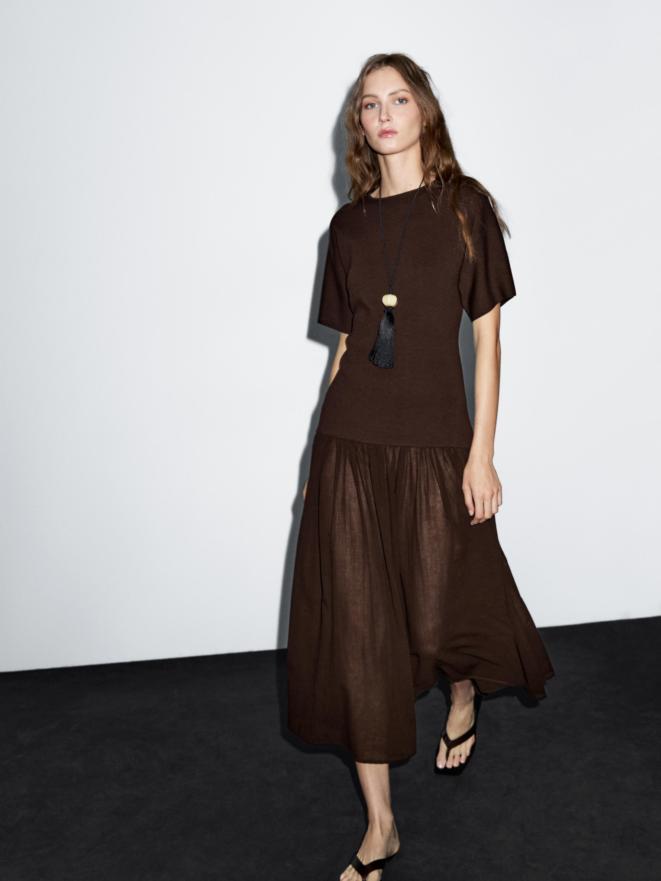 Knit dress with contrast gathered detail | Massimo Dutti US