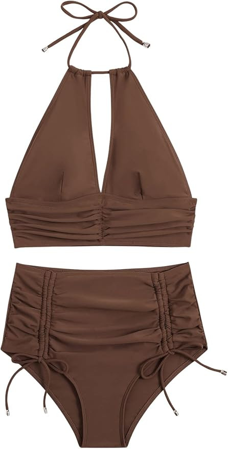 SweatyRocks Women's 2 Piece Bathing Suit Ruched Halter High Waisted Bikini Swimsuit Set | Amazon (US)