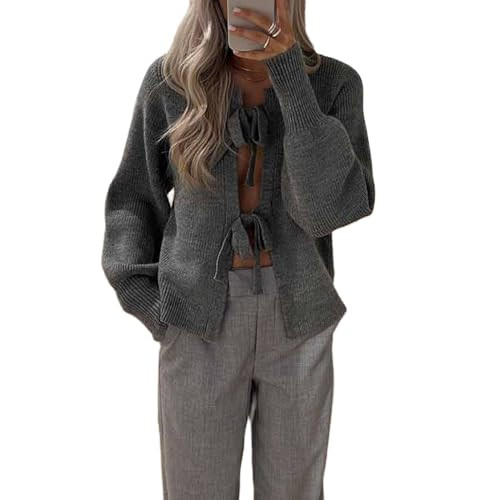 Women's Bow Tie Front Sweater Top Ribbed Knit Long Sleeve Open Front Cardigan Crop Top Grey | Amazon (US)