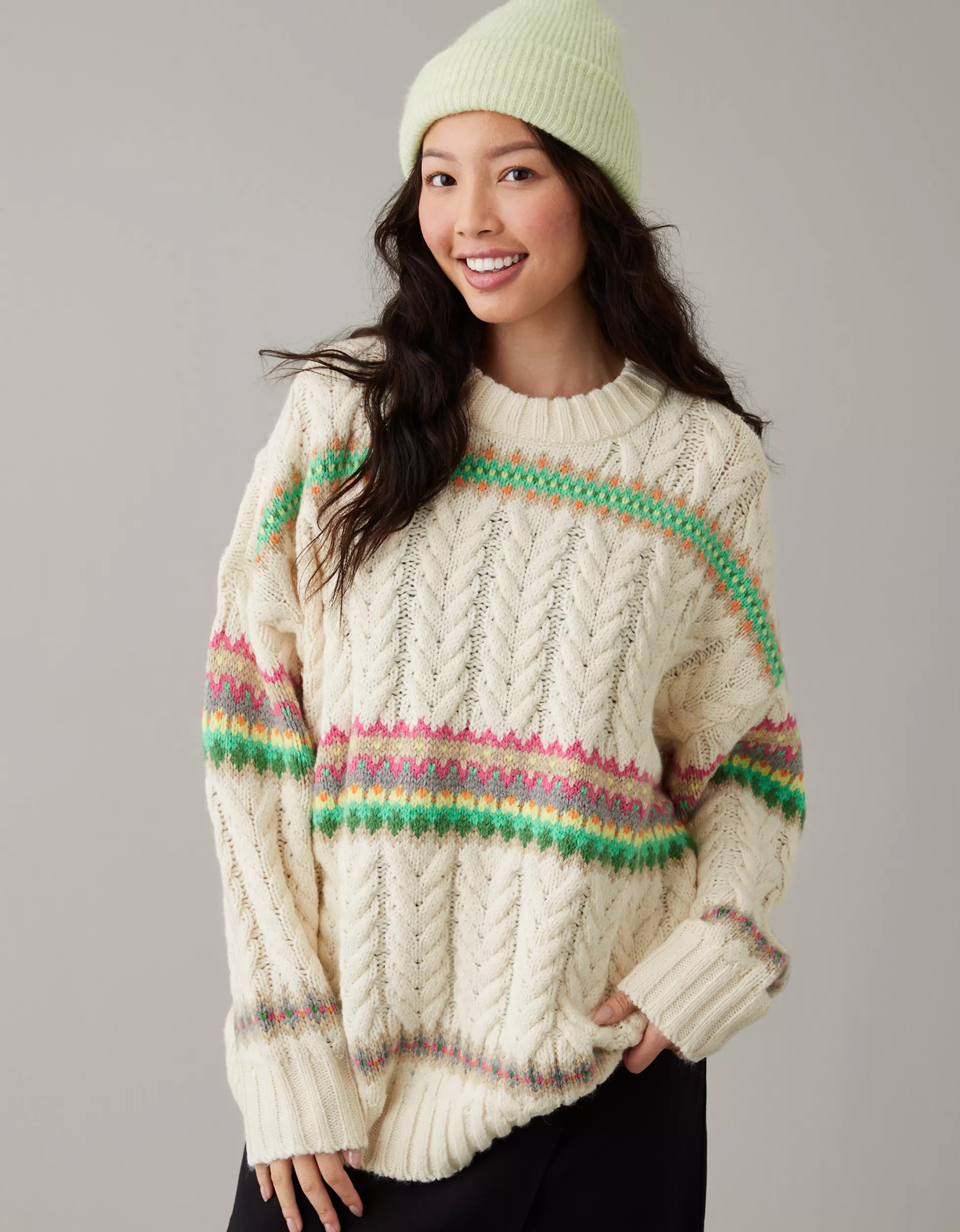 AE Cable-Knit Fair Isle Sweater | American Eagle Outfitters (US & CA)