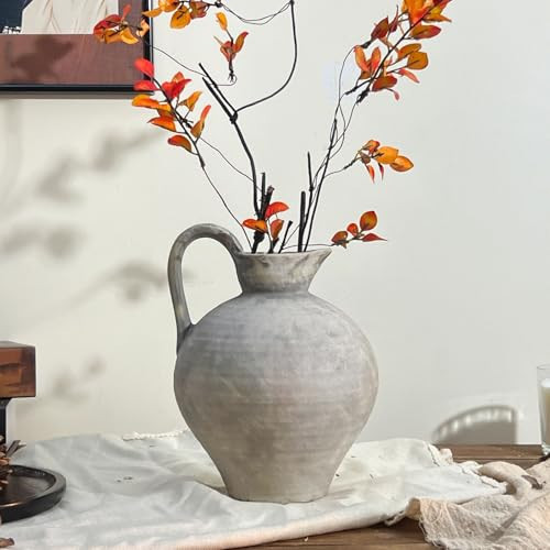 GDSZJLJ Ceramic Rustic Farmhouse Vase with Handle, 8.7 Inch White Gray Vintage Vase, Rustic Ceramic Pottery for Home Decor, Farmhouse Decor Centerpiece for Kitchen, Living Room, Entryway | Amazon (US)