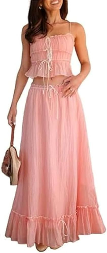 Women Y2k 2 Piece Outfits Patchwork Front Tie-Up Camisoles and Ruched Ruffle Maxi Skirt Matching ... | Amazon (US)