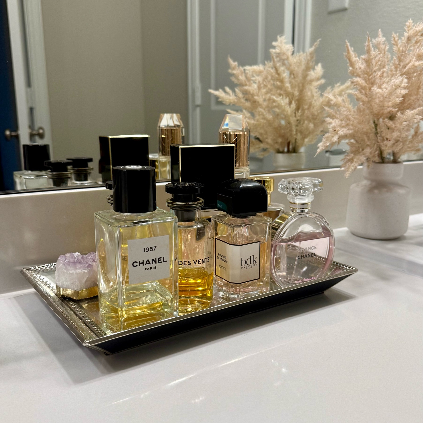 Bathroom accessories and a way to style your perfume ❤️ I feel like a mirror tray in a powder room always adds an expensive look and feels chic 

#LTKSeasonal #LTKbeauty #LTKhome