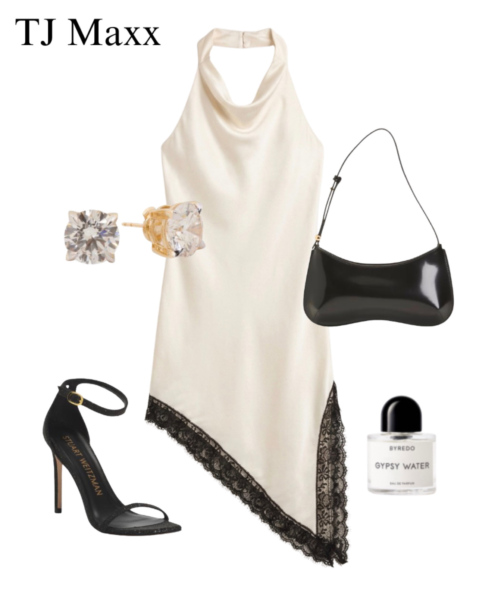 TJ Maxx outfit on sale, date night, dressy, asymmetrical, white slip, dress with black lace, purse, gypsy water, perfume, designer, heels, diamond, earrings, summer.

#LTKBeauty #LTKootd #LTKSaleAlert