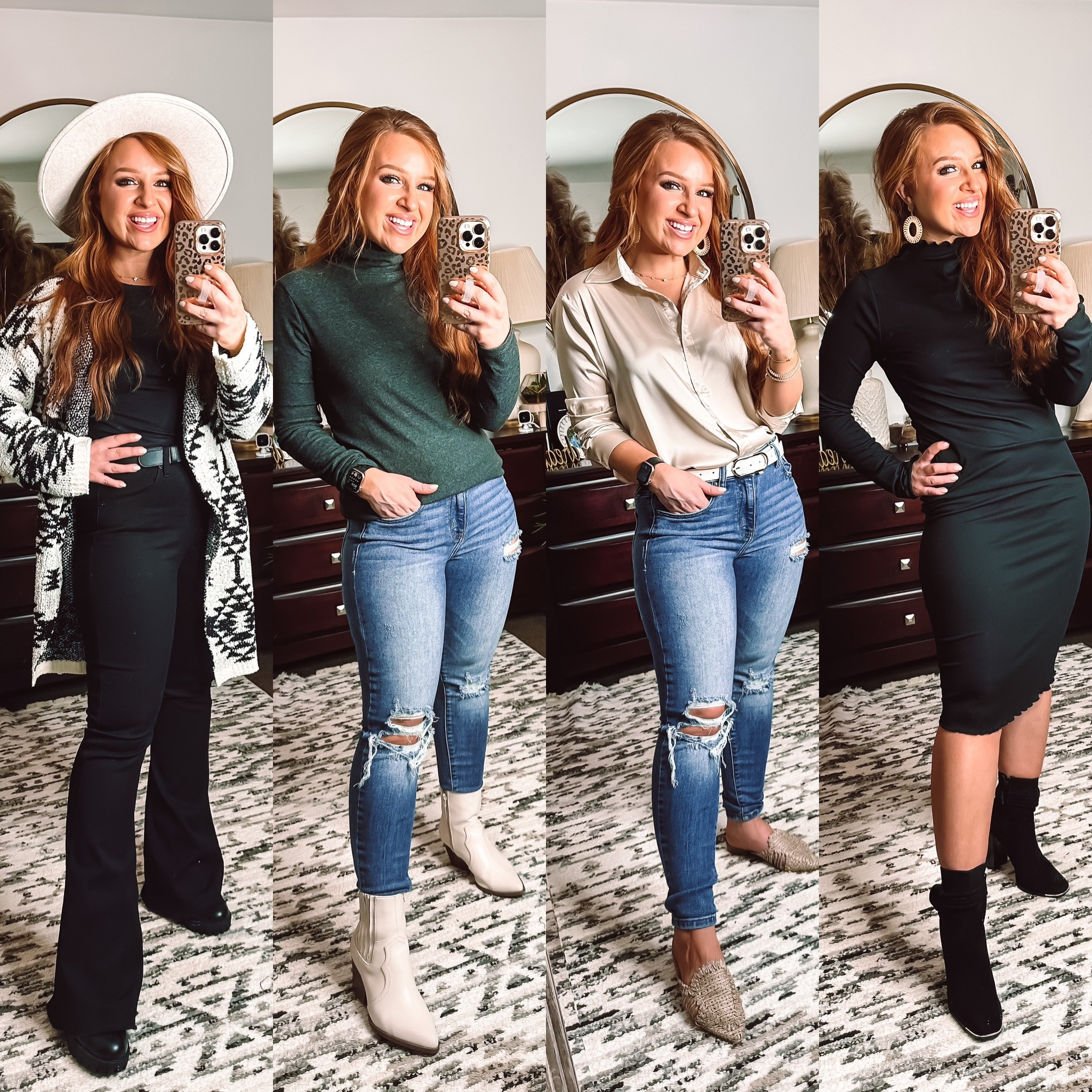 Pink blush outfits ! 20% off with site code 

Medium Aztec western cozy cardigan 
Medium charcoal ribbed turtleneck 
Small satin champagne button up 
Medium black midi ribbed dress 

#LTKFind #LTKstyletip #LTKunder50