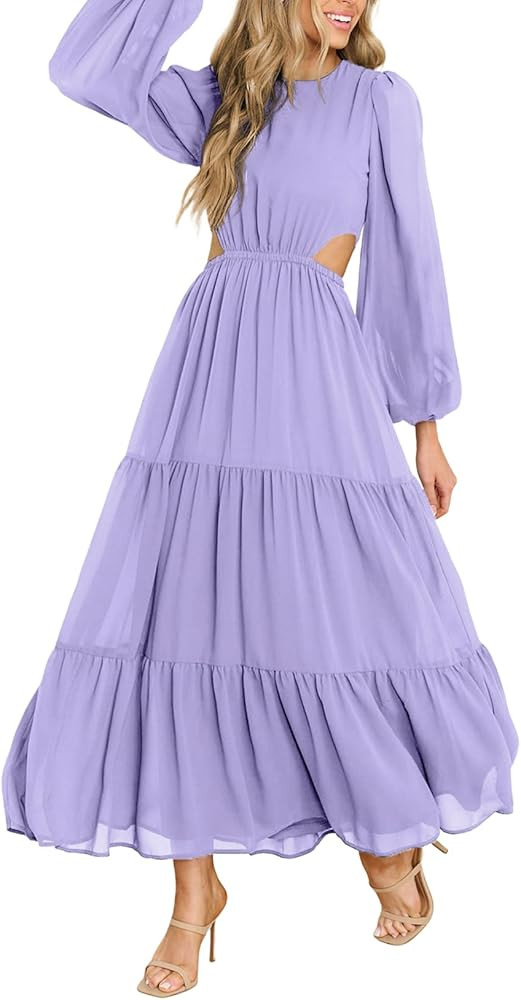 AlvaQ Women's Casual Long Sleeve Crew Neck Dress Cut Out Formal Maxi Dresses Tiered Cocktail Chri... | Amazon (US)