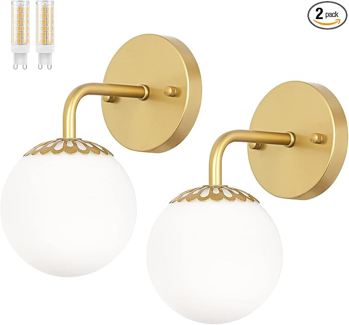 Modern Gold Wall Sconces Set of Two, Mid Century Wall Mounted Lamp, Brass Sconce with White Globe... | Amazon (US)