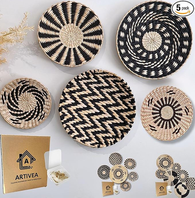 5 Boho Basket Wall Decor Set - hanging Woven Wall Baskets Decor Boho - Boho Wall decor Baskets - ... | Amazon (US)