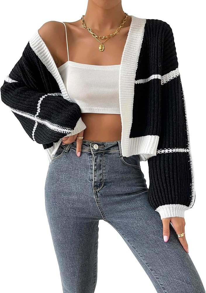 COZYEASE Women's Color Block Crop Cardigan Top Bishop Long Sleeve Open Front Sweater | Amazon (US)
