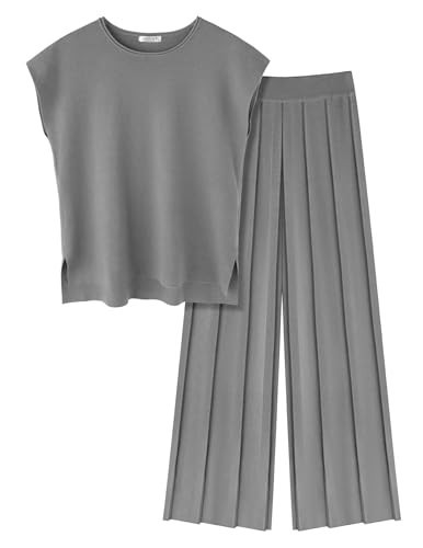 Ekouaer Lounge Sets for Women Two Piece Outfits Knit Cap Sleeve Tops Wide Leg Pleated Pants Casual Dressy Sweater Sets Light Gray | Amazon (US)