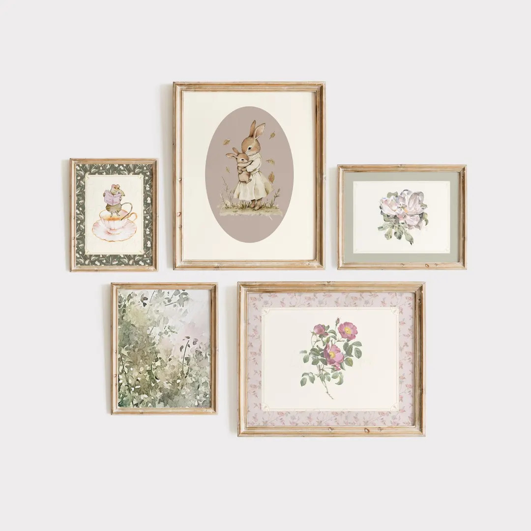 Vintage Nursery Gallery Wall, Pink and Green Nursery Decor, Vintage Gallery Wall Prints, Farmhous... | Etsy (US)