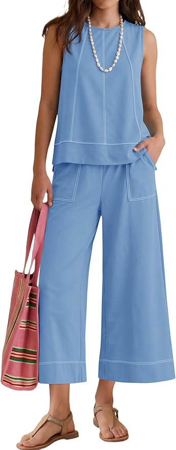 LOMON Two Piece Sets for Women Summer Outfits Sleeveless Tank Tops Wide Leg Crop Pants Matching L... | Amazon (US)