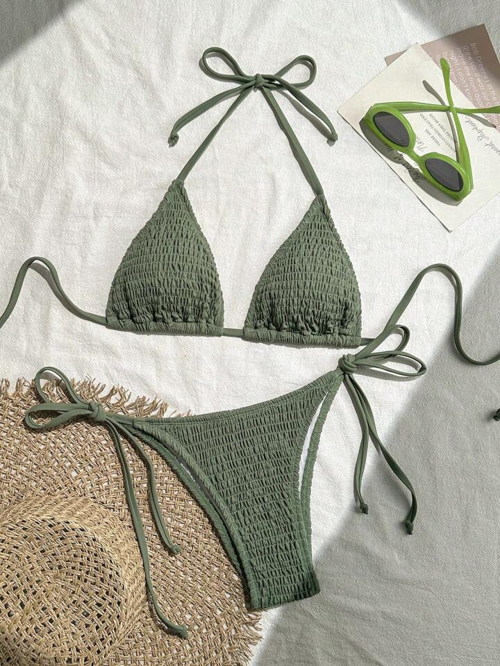 SHEIN Swim Women's Summer Beach Solid Color Halter Neck Sexy Bikini Two Pieces Swimwear Set | SHEIN