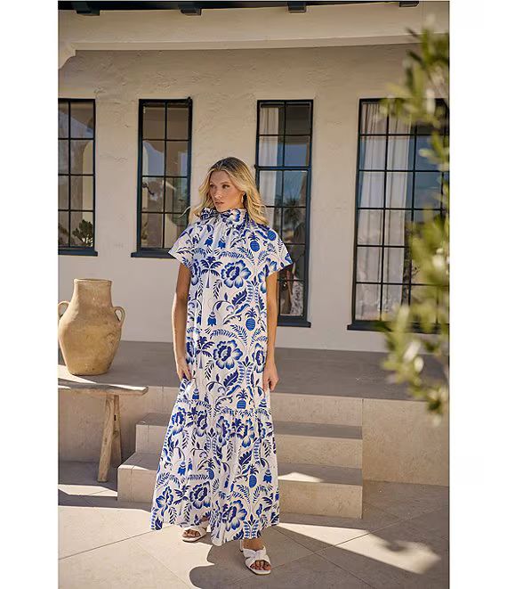 Floral Print Mock Neck Short Sleeve Maxi Dress | Dillard's