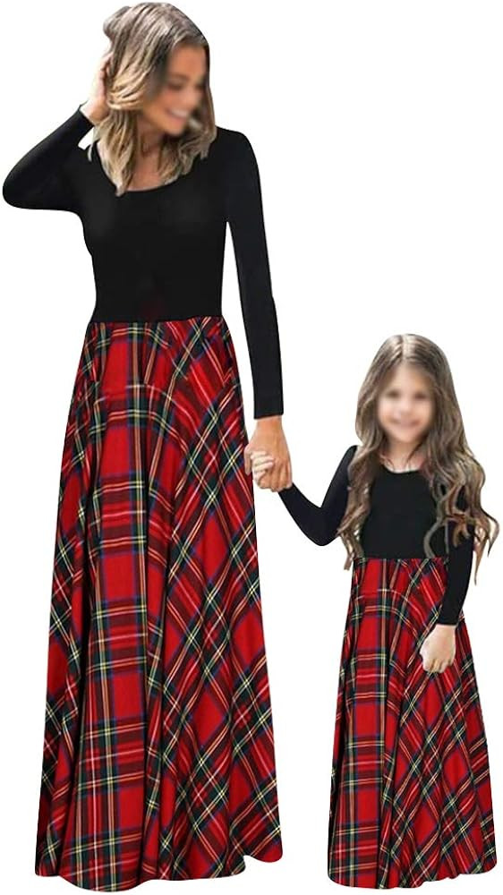 PopReal Mommy and Me Maxi Dresses Casual Floral Printed Plaid Long Sleeve with Pockets | Amazon (US)