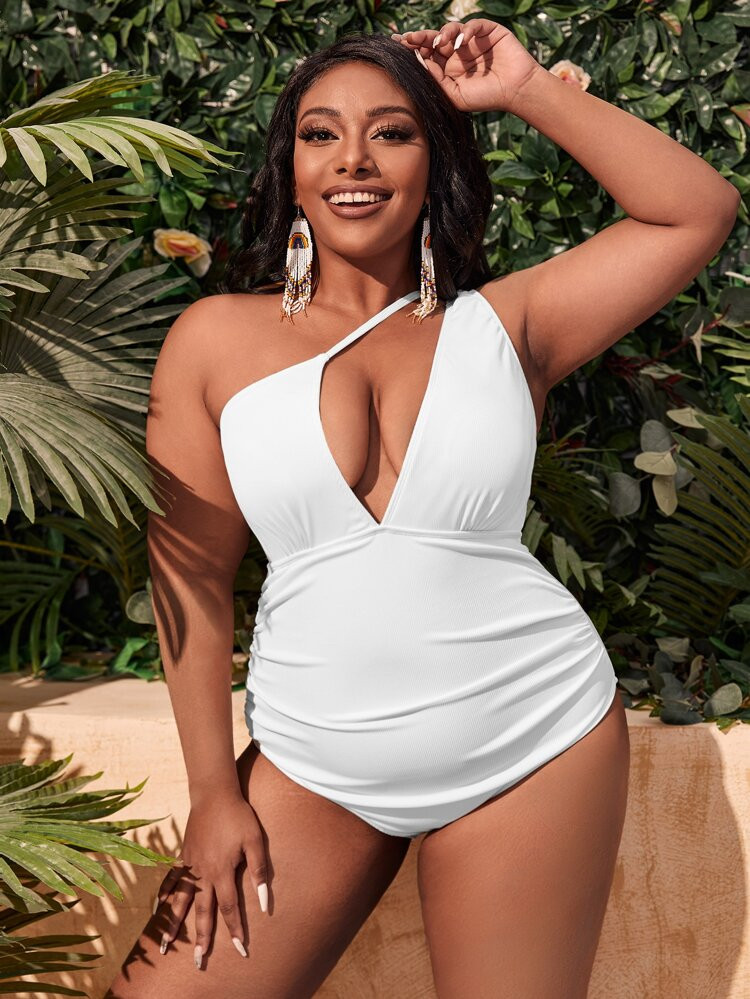 Plus Plain One Shoulder One Piece Swimsuit | SHEIN