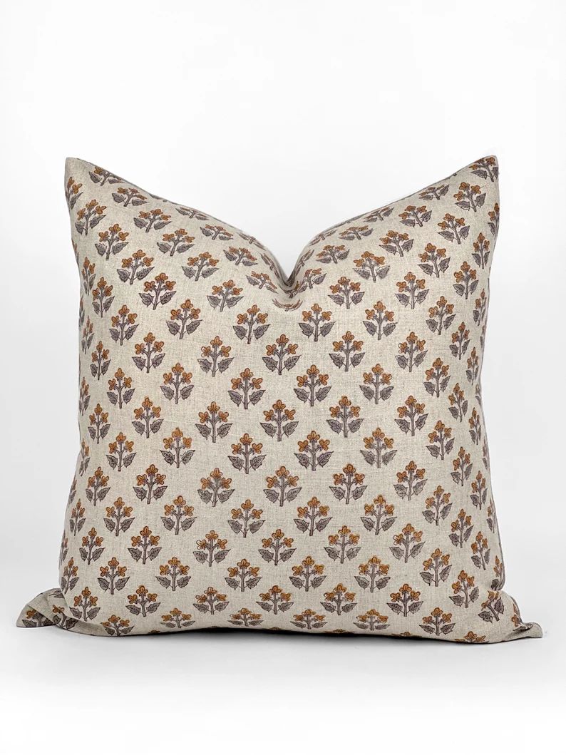 LILY | Designer Mustard Sage Floral Linen Pillow Cover, Block Print Pillow, Farmhouse Pillow, Sma... | Etsy (US)