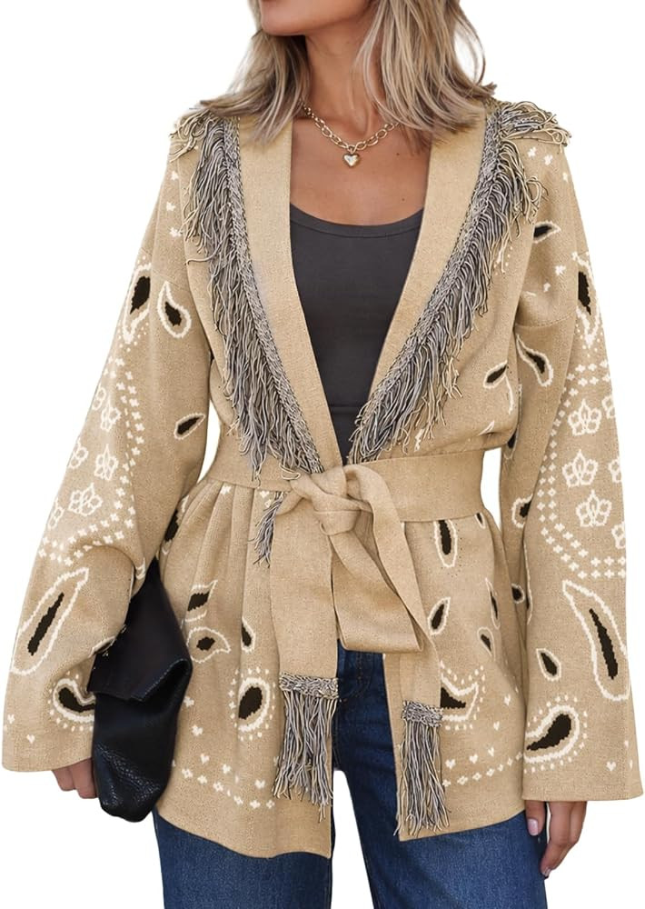 Cicy Bell Womens Fringe Cardigan Printed Long Sleeve V Neck Belt Sweaters | Amazon (US)