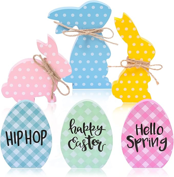 6Pcs Easter Bunny Decorations, Wooden Rabbit Egg Shaped Tabletop Centerpieces Table Signs with Ro... | Amazon (US)
