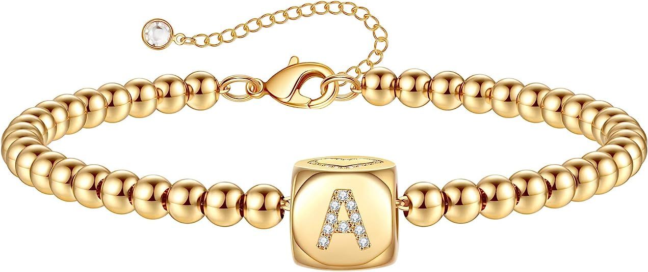 Gold Initial Bracelets for Women Girls, 14K Gold Plated Handmade Letter Bead Bracelet Personalize... | Amazon (US)